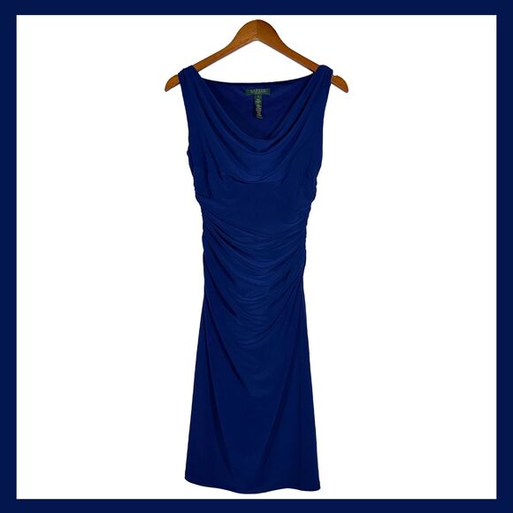 Lauren Ralph Lauren Dresses & Skirts - Lauren Ralph Lauren Blue Ruched Cowl Neck Stretch Sheath Dress Size 2